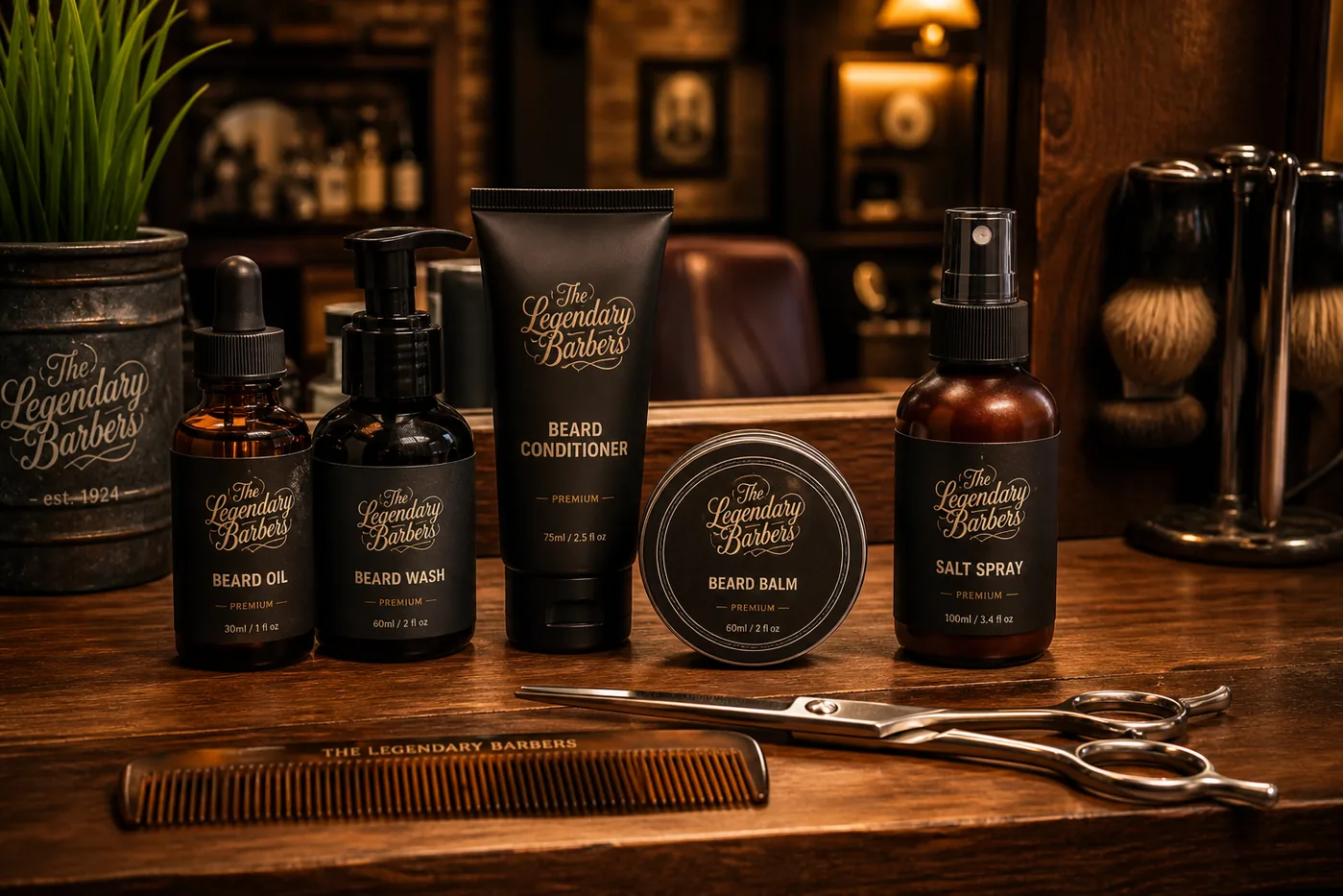 Beard grooming products, comb and scissors on a tidy barber station