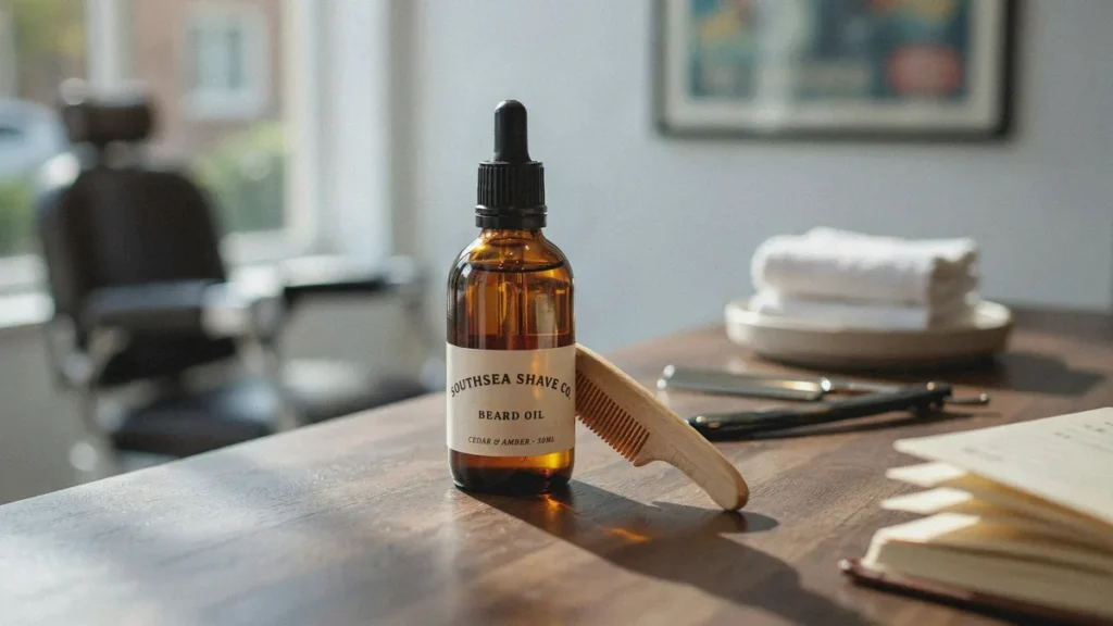 Beard oil bottle with wooden comb on a tidy Southsea barbershop counter