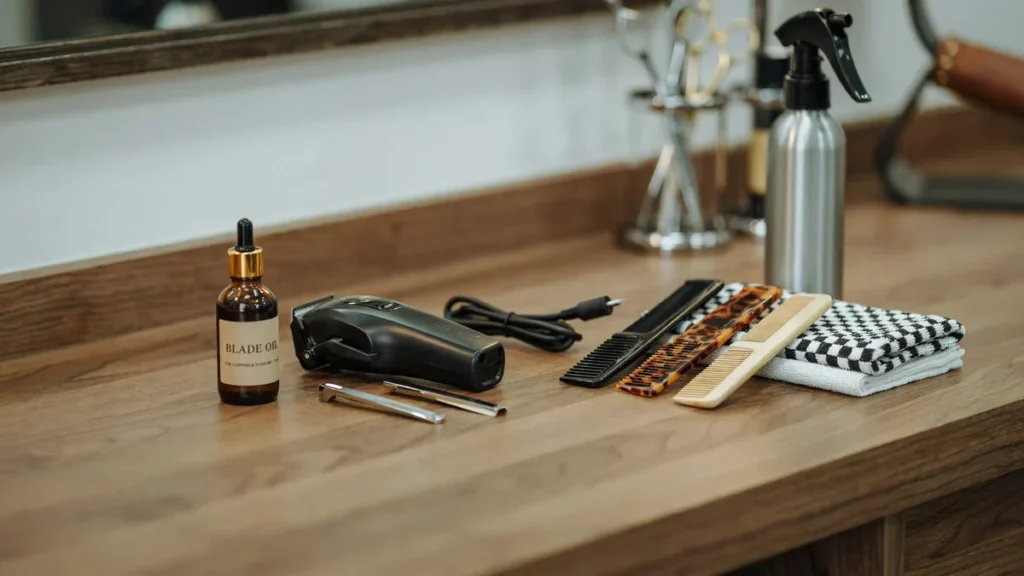 Clean Portsmouth barber workstation with clippers oil bottle combs and warm lighting