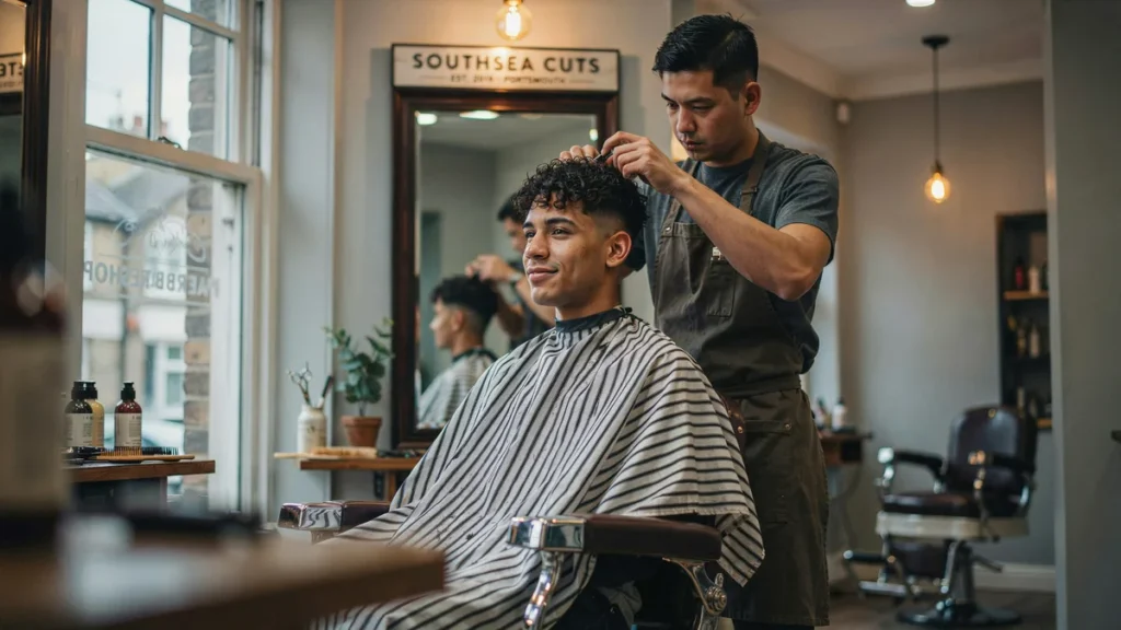 Curly men haircut with shaped curls and clean fade in a Southsea barbershop