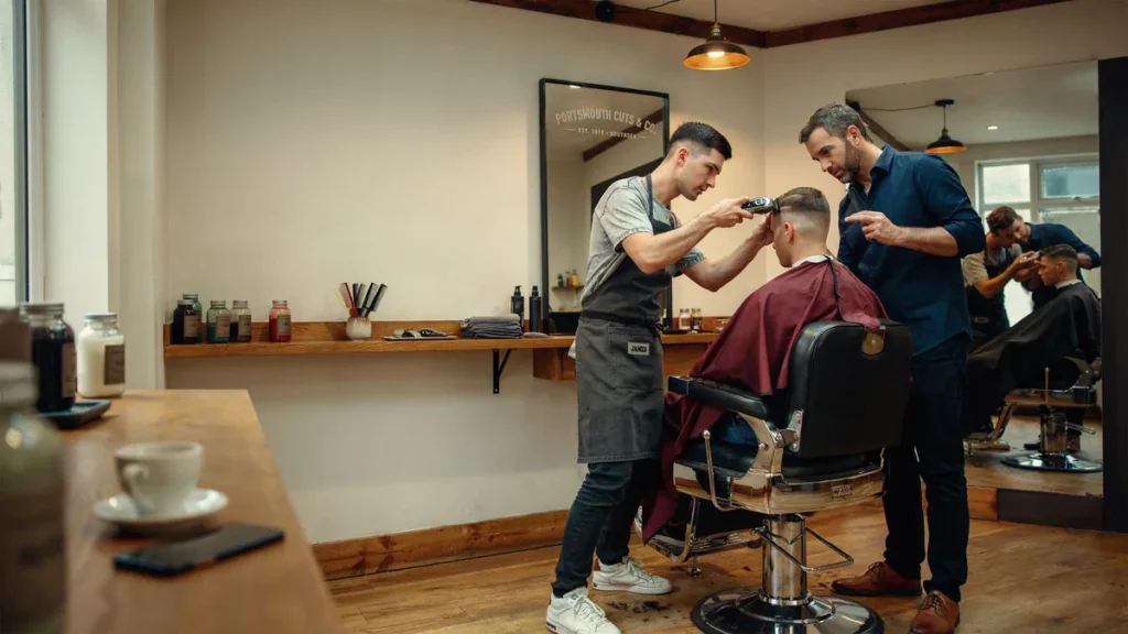 Apprentice barber learning clipper technique in a modern Portsmouth barbershop
