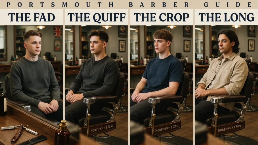 Men’s hairstyles guide in a modern Portsmouth barbershop with fade crop quiff and long style inspiration