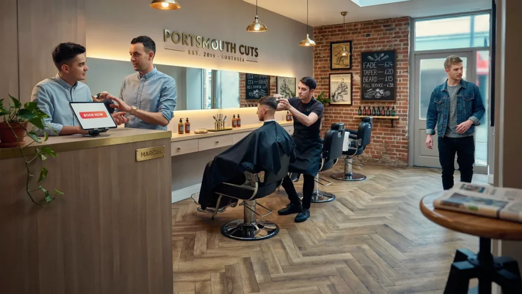 Modern Portsmouth barbershop interior with barber chairs mirrors and welcoming reception