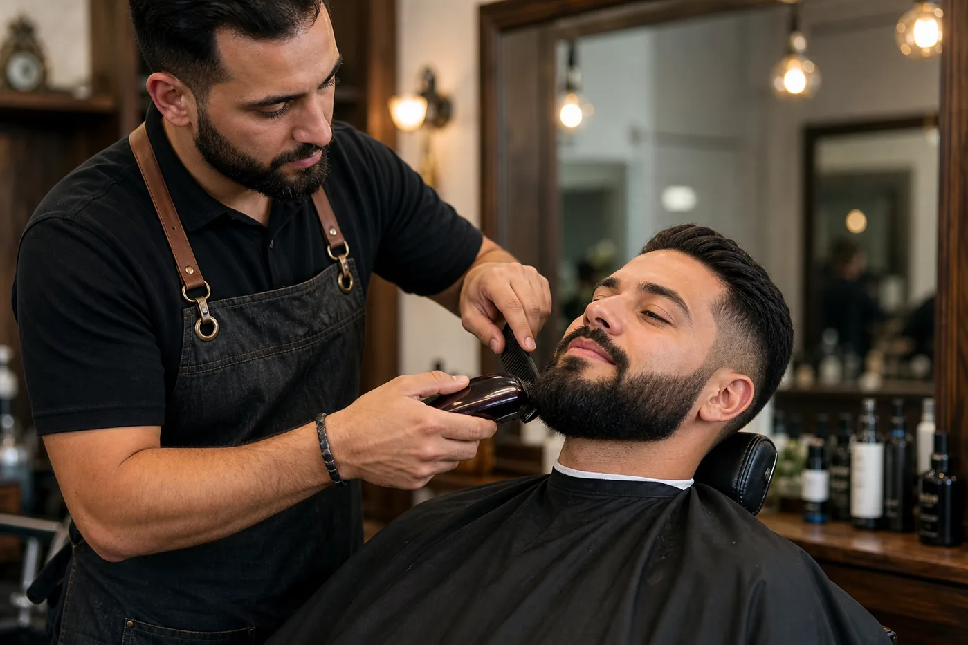 Barber shaping a beard with clippers and comb in warm barbershop lighting