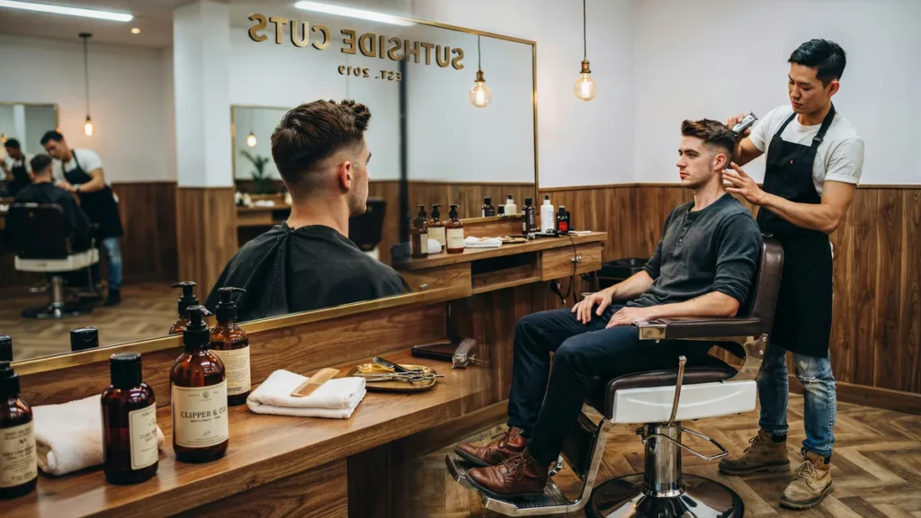 Modern quiff haircut in a Southsea barbershop with clean faded sides