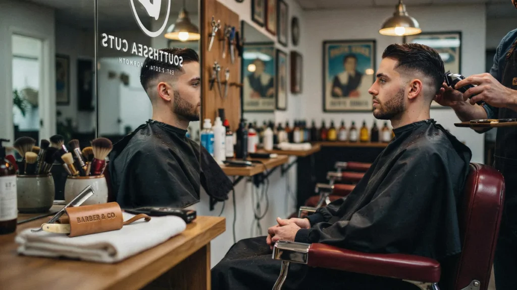 Skin fade and beard grooming finish in a Southsea barbershop