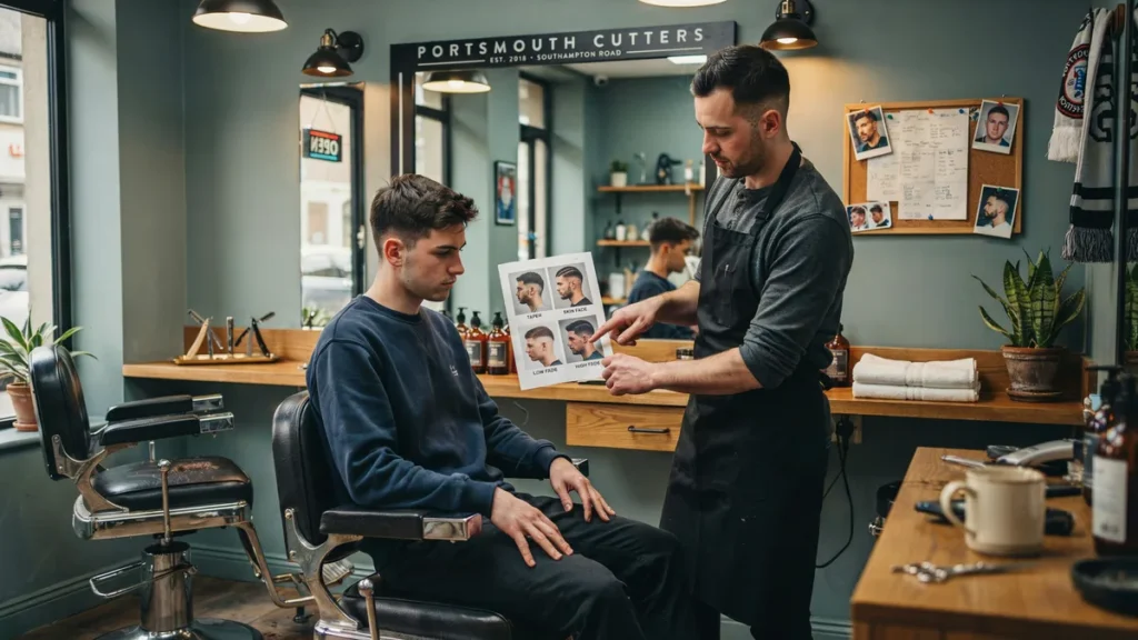 Portsmouth barber consultation comparing taper and fade haircut options